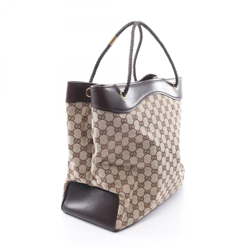 Gucci Leather Beige Canvas Brown Bag Tote GG Tan Brown